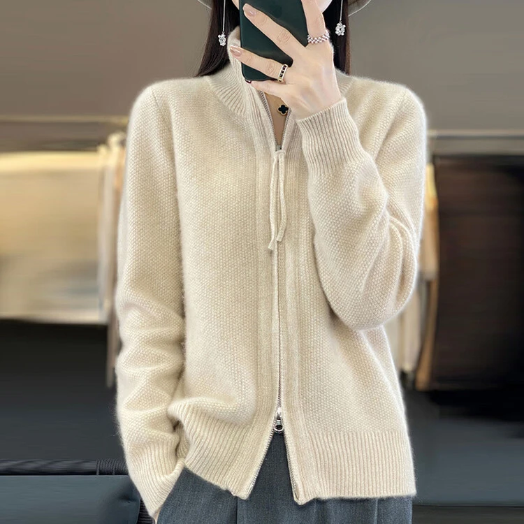1703高级感针织开衫半高领双拉链外套秋冬款宽松毛衣针织外穿上衣