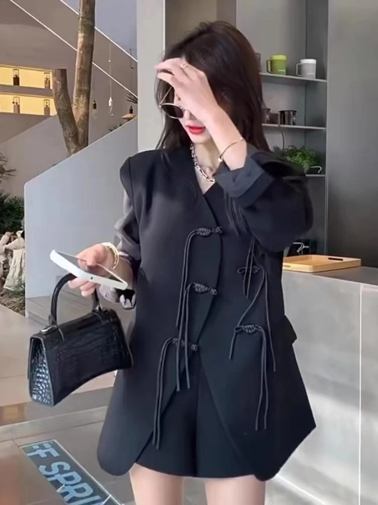 黑色气质时尚外套女2024早春款新款宽松休闲中式盘扣上衣高级感