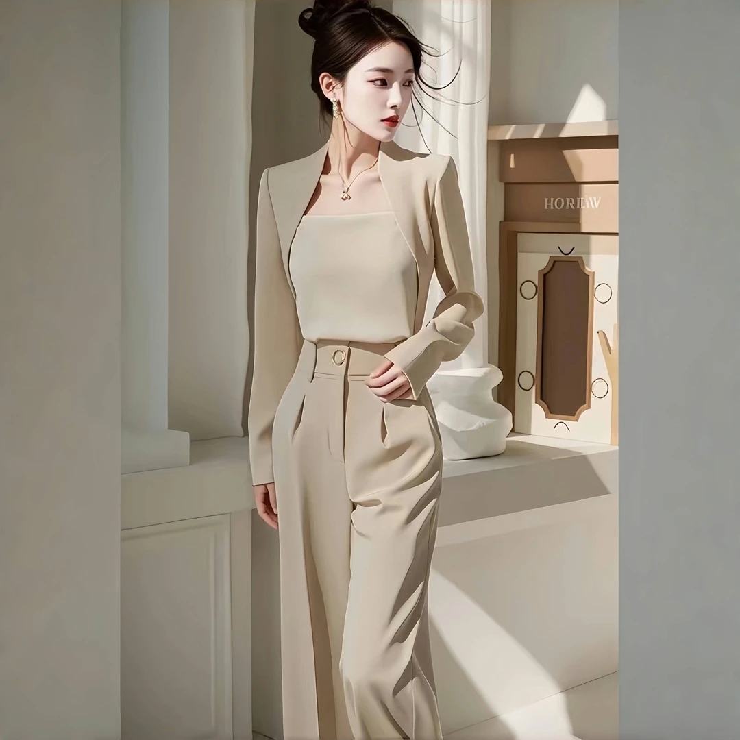 入秋新款时尚韩系穿搭简约精致小众气质假两件上衣长裤显瘦套装女