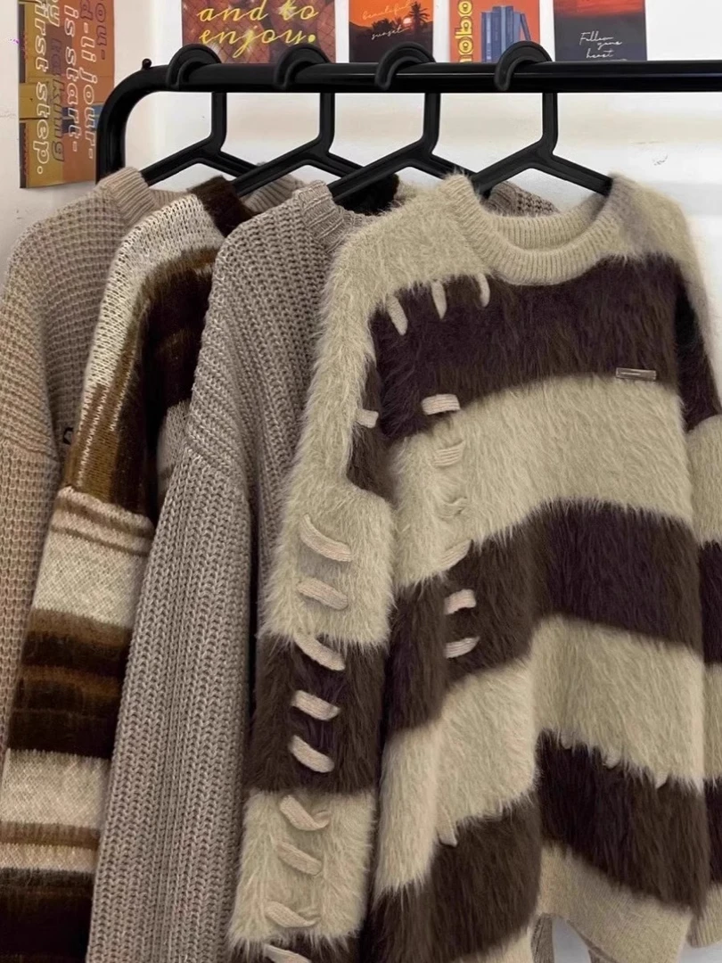 软糯仿貂绒条纹撞色毛衣女秋冬季宽松设计感加厚慵懒风针织衫上衣