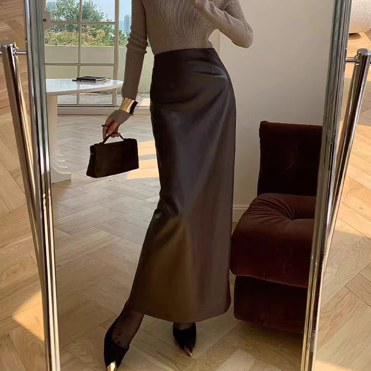 2024PU复古开叉皮裙气质秋冬新款高腰中长款显瘦半身裙长裙