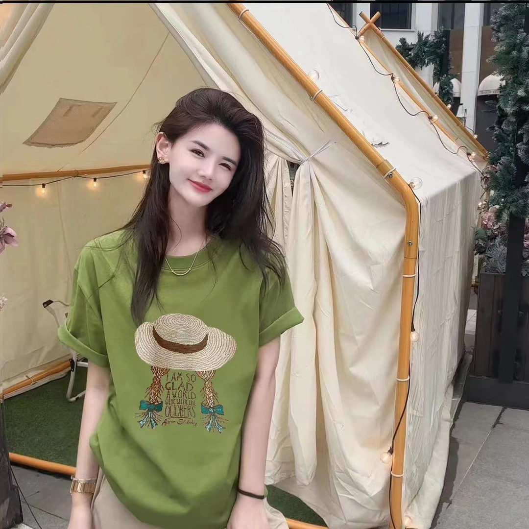 【草帽姑娘】2024纯棉高品质大版短袖T恤 印花宽松休闲时尚纯棉