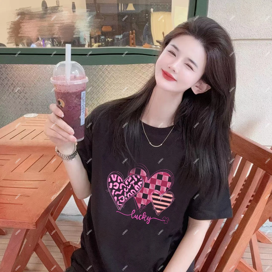 【格子爱心】纯棉高品质内搭短袖t恤  印花宽松休闲时尚