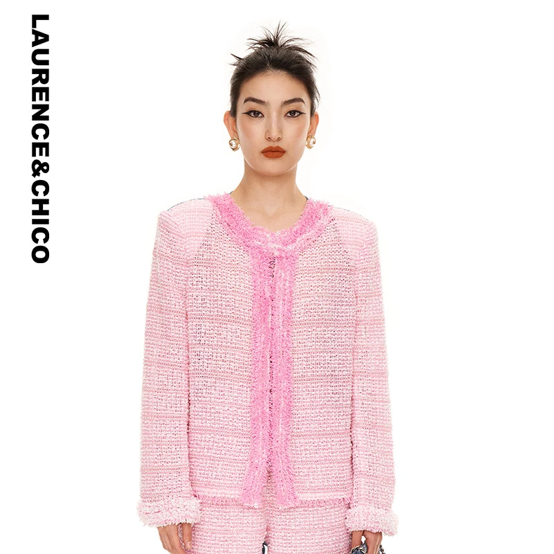 【CHICO专属】小香风时尚钉珠花呢拼浅粉牛仔外套D3AX10112008