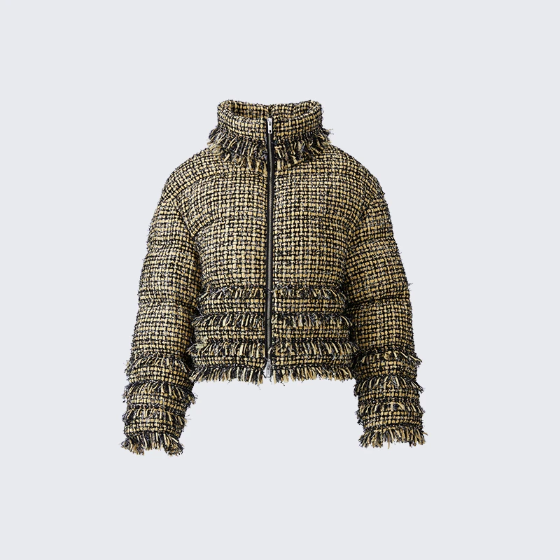 【CHICO专属专属】钻饰粗花呢流苏羽绒服，黑黄色D2AD10112085