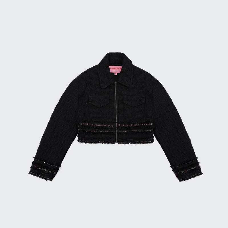 【CHICO专属】钻饰粗花呢短棉夹克，黑色D2AQ10112101