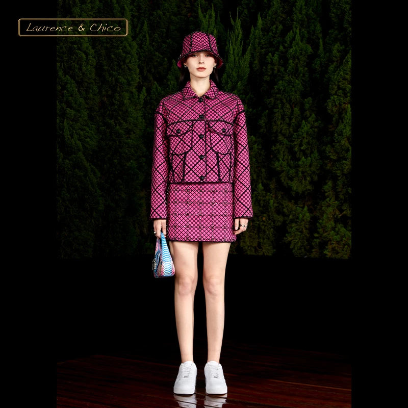 【CHICO专属】钻饰菱格绳绣夹克外套，粉色D2AQ10112093