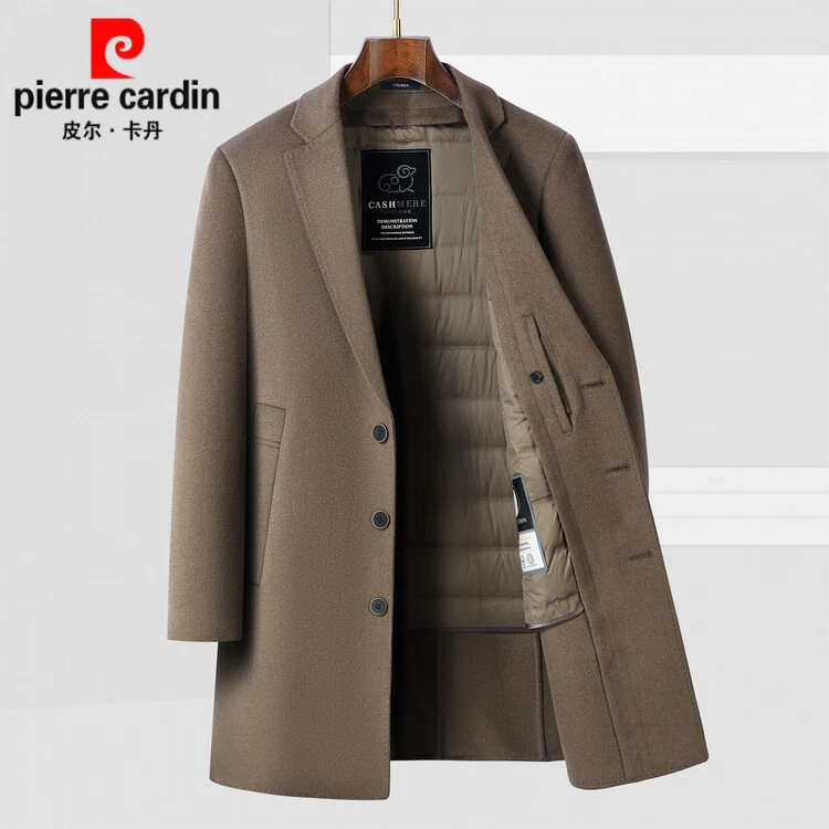 皮尔卡丹新款双面羊绒毛呢大衣男士中长款加厚鹅绒内胆羊毛呢外套