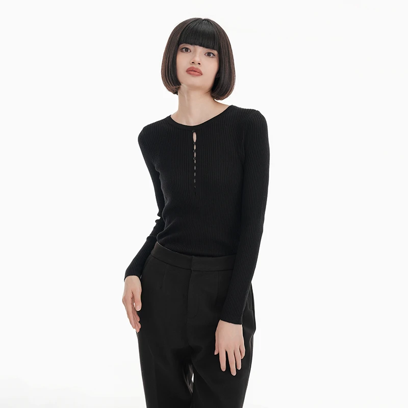 DJSFEELING设计师同款丨潮流长袖针织时尚修身黑色圆领针织衫