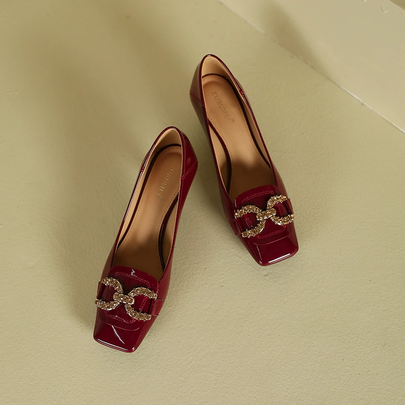 红色水钻方头高跟鞋女2025秋新款细跟气质单鞋不累脚纯色宴会女鞋