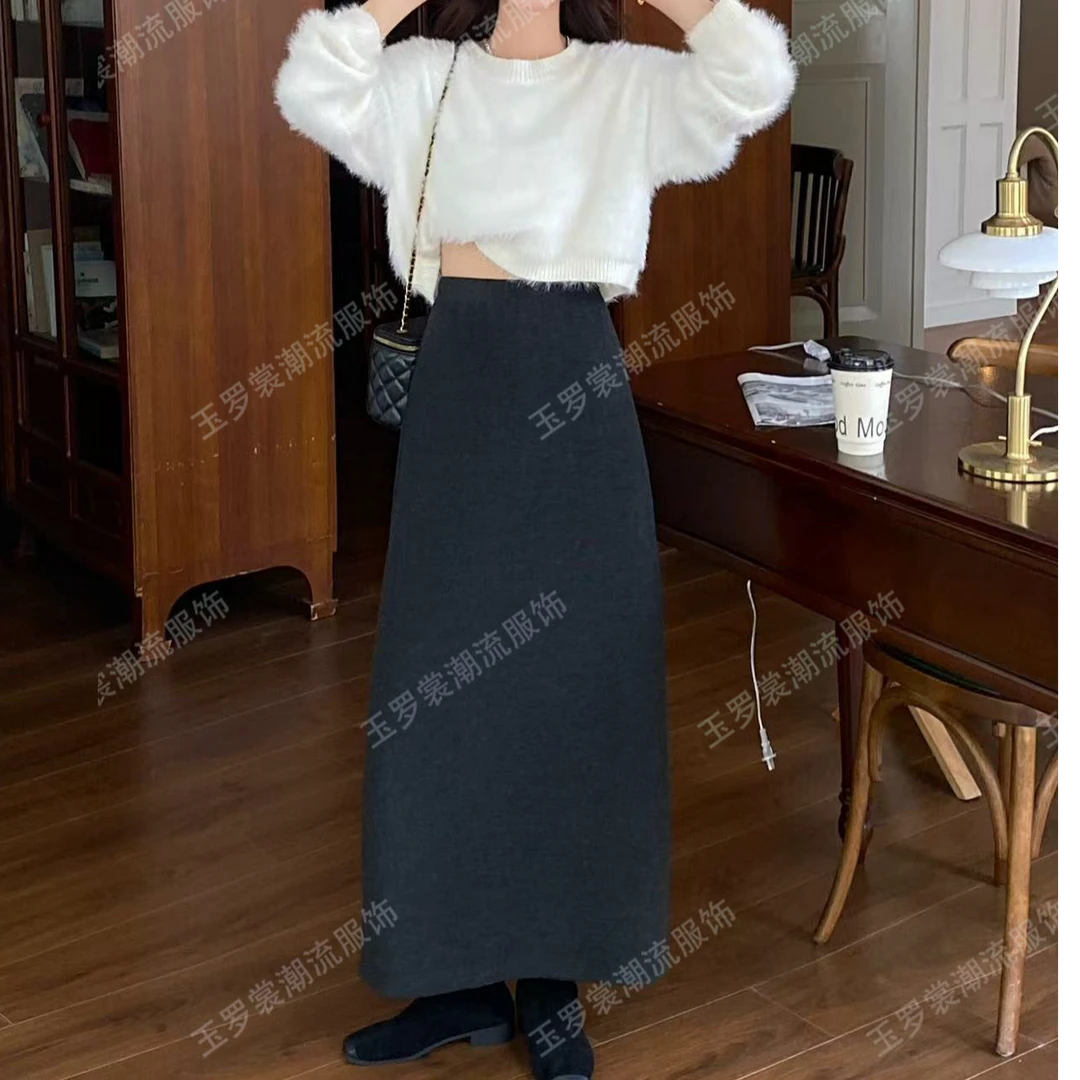加绒加厚垂坠感高腰直筒半身裙女秋2025冬季仿羊绒软糯米长裙6101