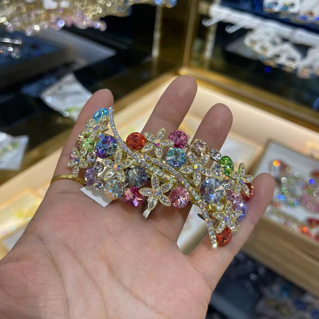 【蒂梵格】施华洛八公分重工气质轻奢时尚满钻炫彩彩色素款弹簧夹