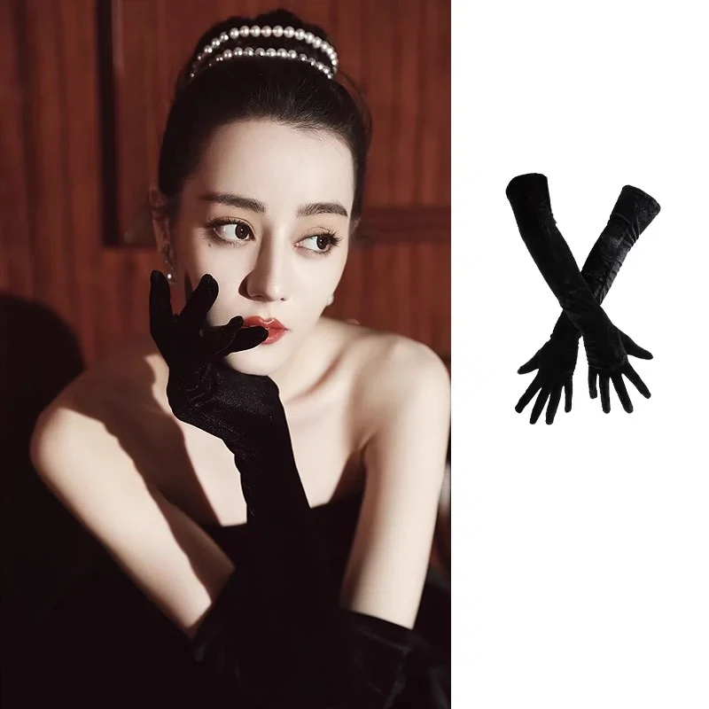 黑色金丝绒手套女复古礼服长臂赫本风新娘法式晚宴结婚优雅袖套女