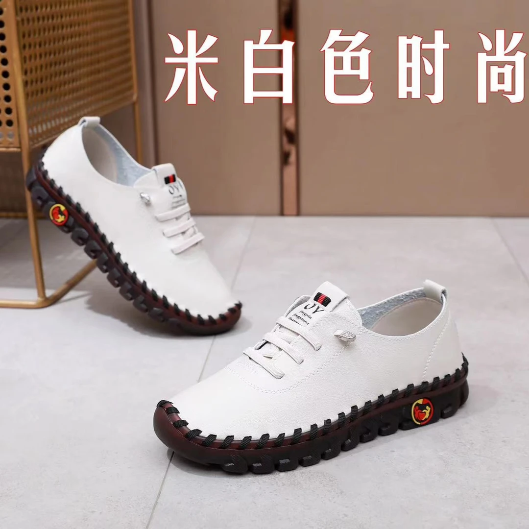 真软皮单鞋舒适平底系带妈妈鞋宽胖脚牛筋底软底软面中年大码女鞋