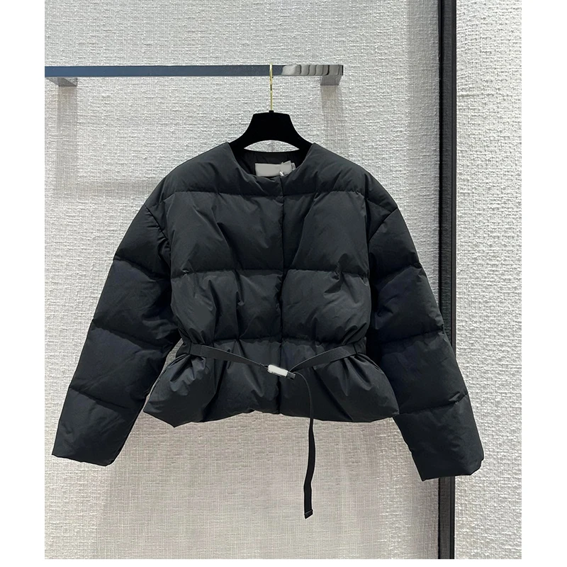 2025秋冬季新品时尚简约经典圆领腰扣束腰短款百搭面包羽绒服外套