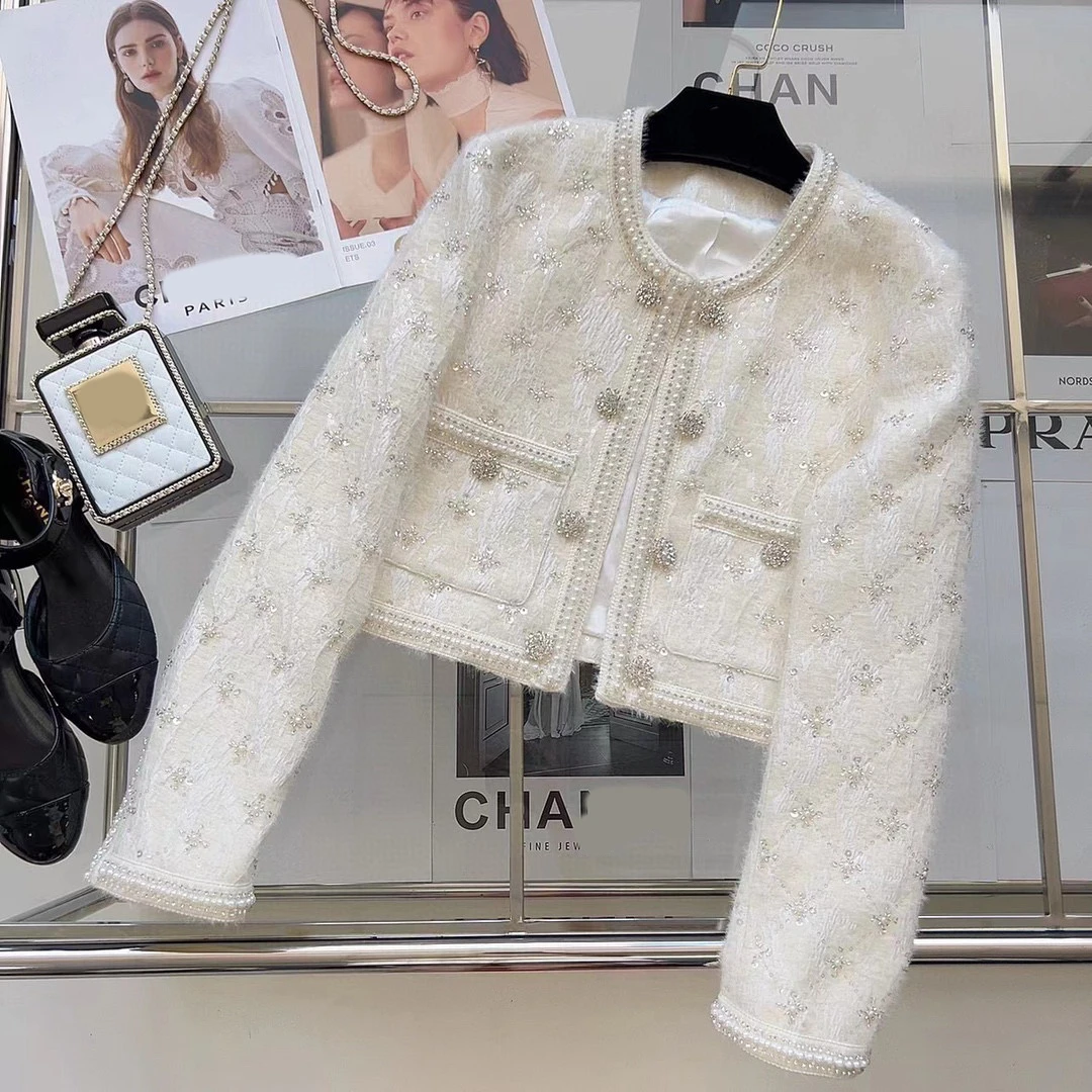 【静静专属】新款小香风外套女高定手工钉珠短款气质炸街上衣