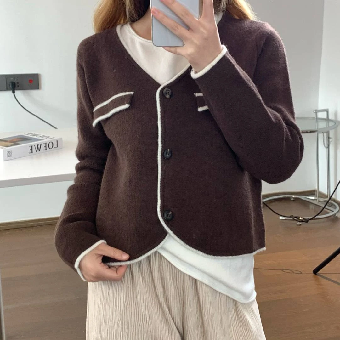 （源头工厂）2023秋冬极简小香风撞色针织外套短款V领毛衣女开衫