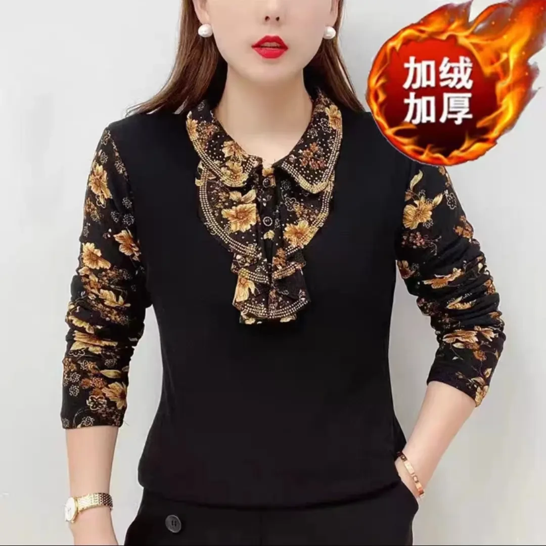 2024秋冬加绒加厚打底衫新款时尚半高领印花气质外穿上衣