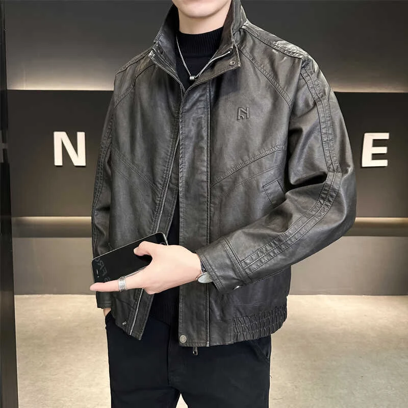 皮衣外套男秋季2024新款高级感立领帅气青年机车夹克上衣潮流休闲