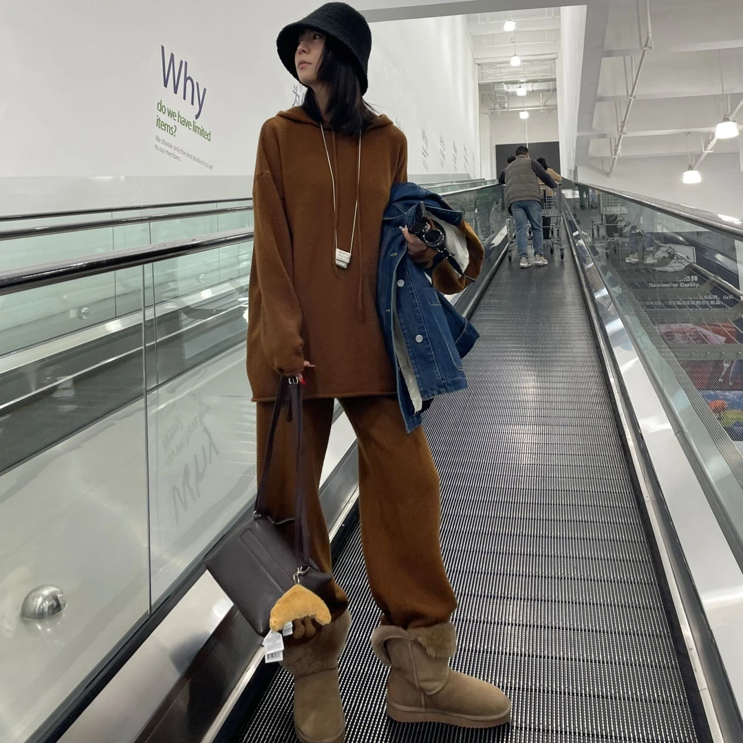 【日光机场】度假休闲系加厚松弛慵懒纸片人连帽毛衣阔腿裤大版套装