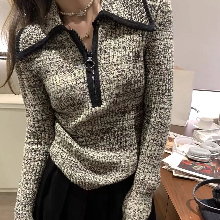 【西雅图灰】定制纱拼色设计感显瘦洋气翻领半拉链长袖线衫毛衣上衣