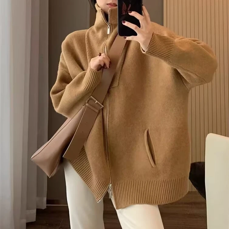 【绵羊毛】智性老钱简约大显瘦版慵懒风双头拉链立领毛衣开衫女外套