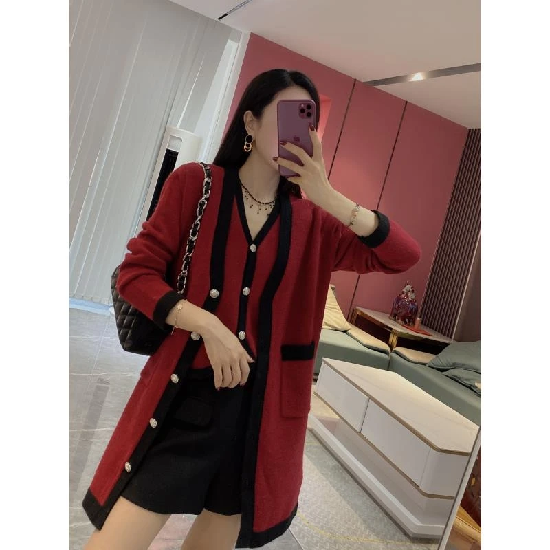 【文静小香】小香拼边针织开衫+针织马甲两件套1129