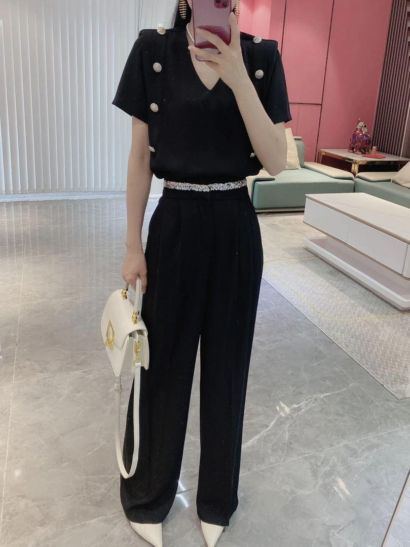 【亮片A腰】亮片设计腰直筒阔腿裤2923