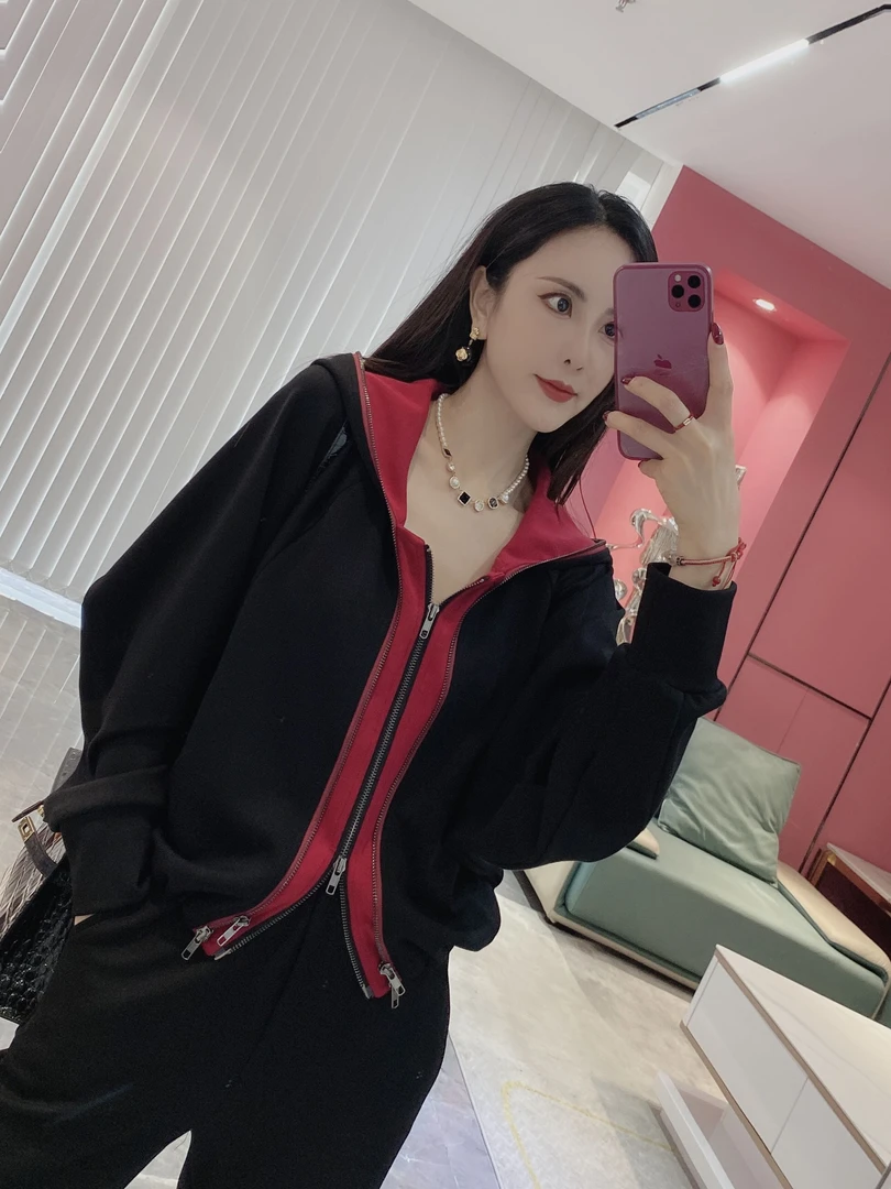 【棉花糖】拼色拉链连帽抽绳上衣+松紧腰阔腿裤两件套1055