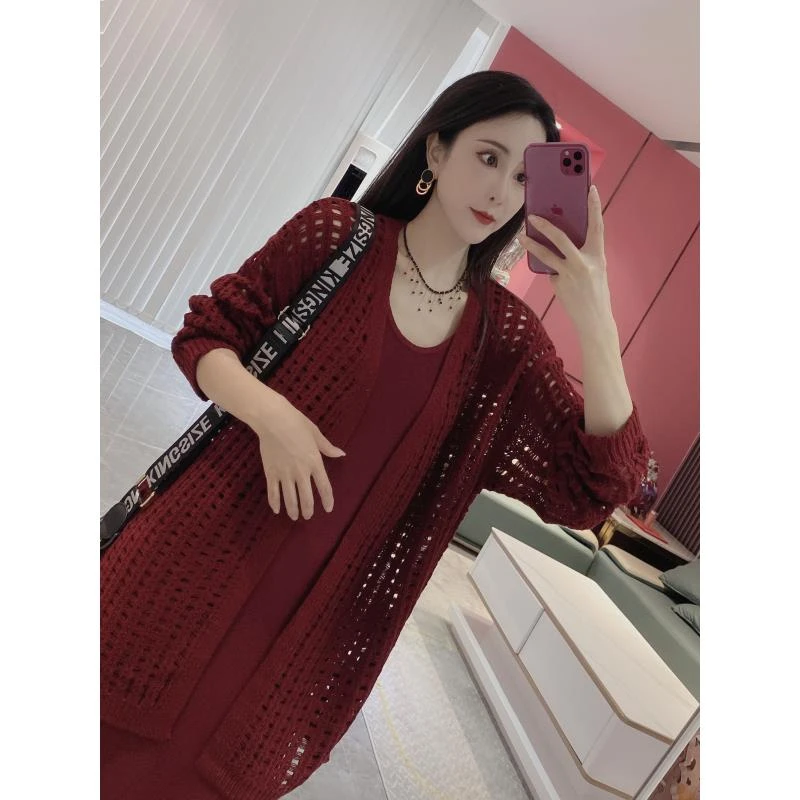 镂空针织中长款开衫30016