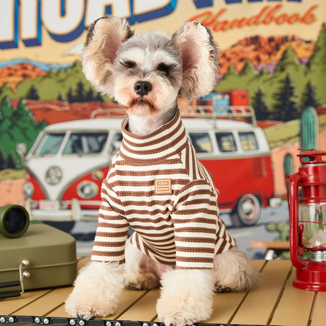 狗狗衣服春秋款内搭雪纳瑞泰迪比熊柴犬猫咪两脚衣条纹高领打底衫