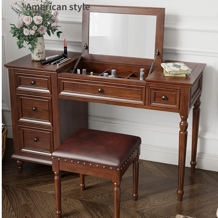 奥克维尔美式全实木妆台带妆凳橡胶木高档奢华休闲家具100*46*76