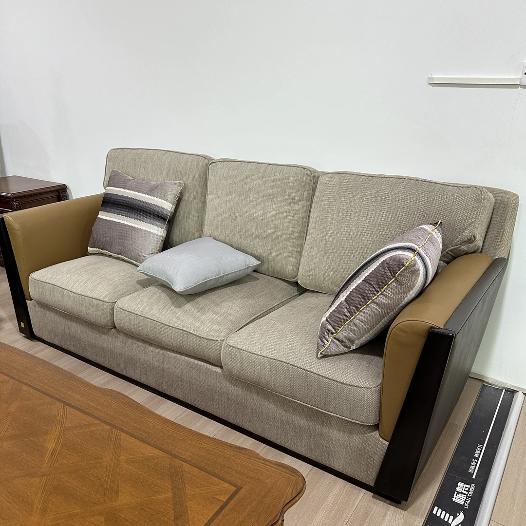 (230*94*91)奥克维尔美式桃花心木框架皮布沙发高档奢华家具-2009