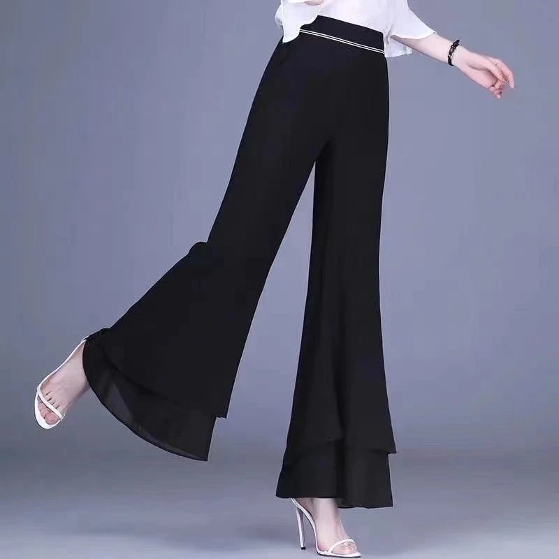 2024夏新款雪纺喇叭裤女高腰显瘦薄款阔腿裤大码百搭垂感休闲甩裤