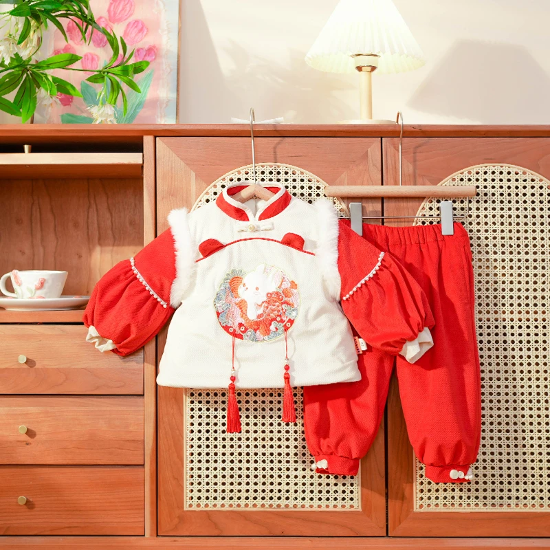 【萝卜邦】D2153女童中国风喜庆冬季加绒红色刺绣兔子拜年服周年服