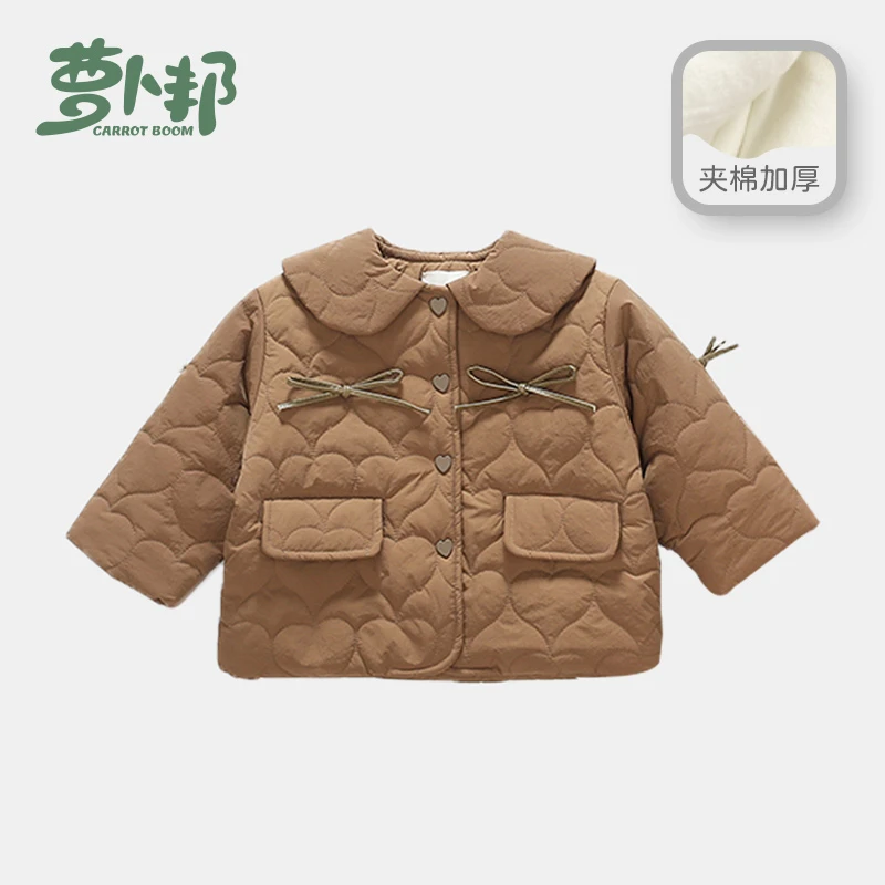 【萝卜邦】D793女童翻领夹棉外套秋冬宝宝爱心纽扣加绒纯色外套洋气