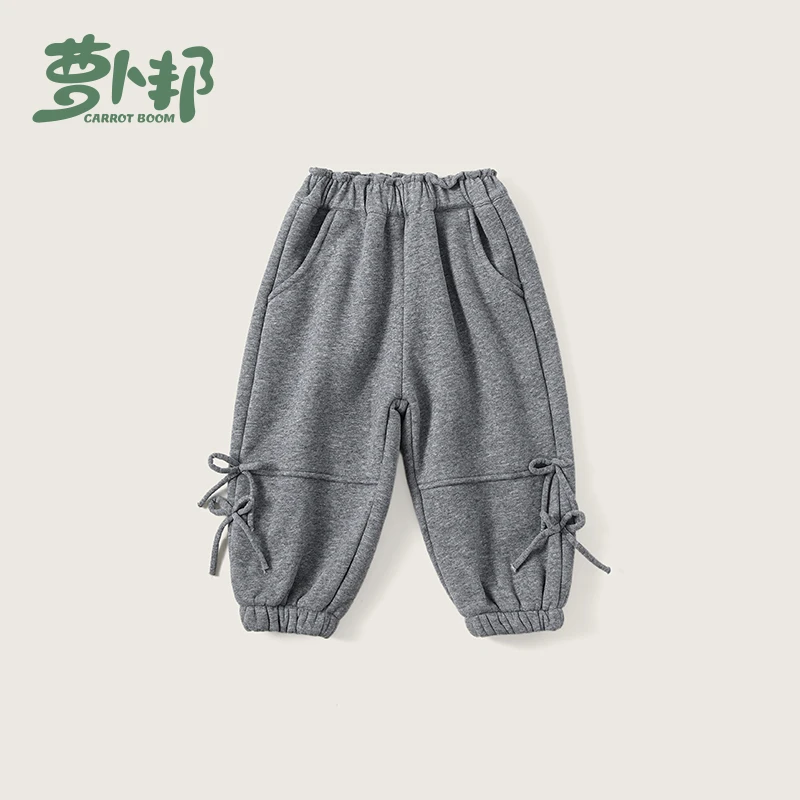 D6357灰色女童秋冬款加绒卫裤新款女宝宝洋气蝴蝶结儿童保暖裤子