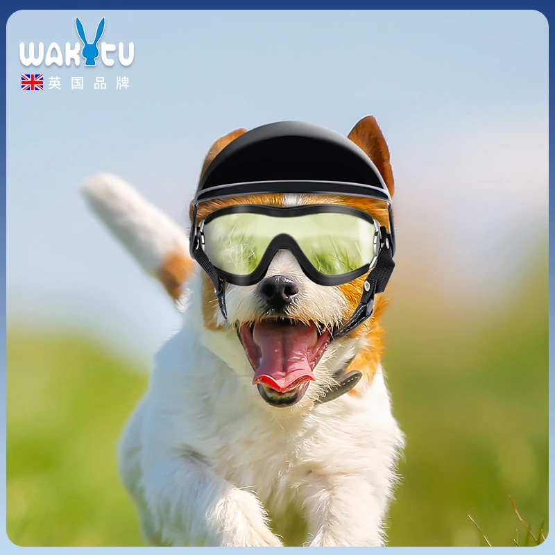wakytu英国宠物头盔漏耳朵中大小型犬狗猫咪安全帽防风眼镜摩托车