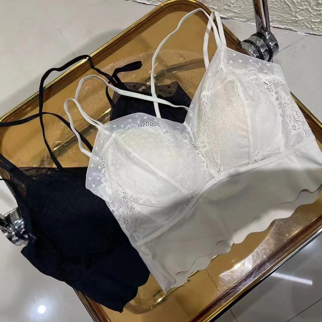 欧若风美背吊带背心性感波点软蕾丝舒适乳胶女士时尚法式薄款