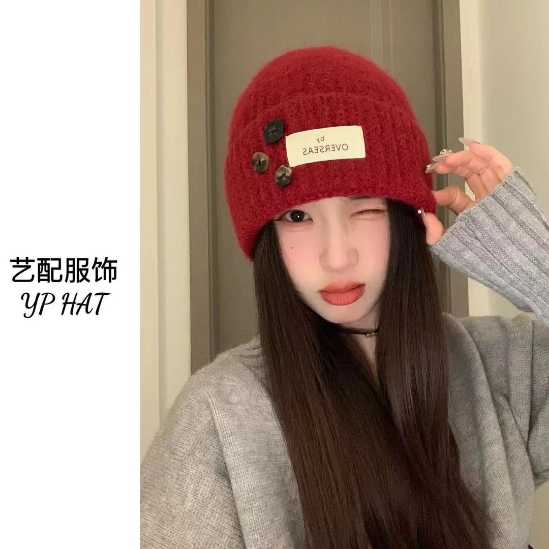 纽扣针织毛线帽子女秋冬季休闲百搭保暖纯色包头帽显脸小护耳冷帽