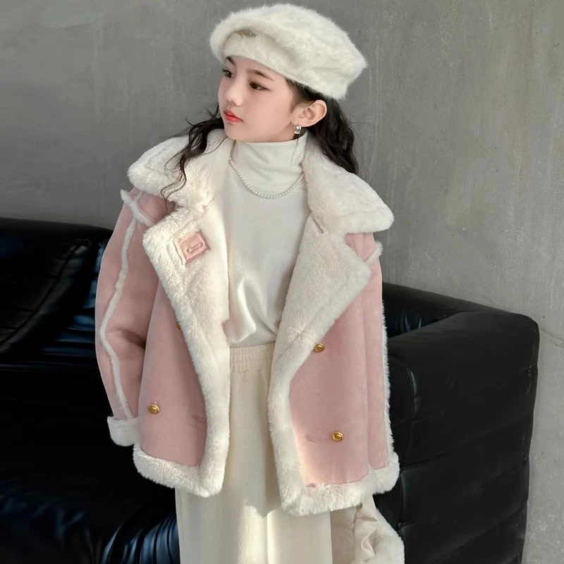 女童外套加厚2024秋冬新款中大童皮毛一体绒大衣加绒韩版加绒童装