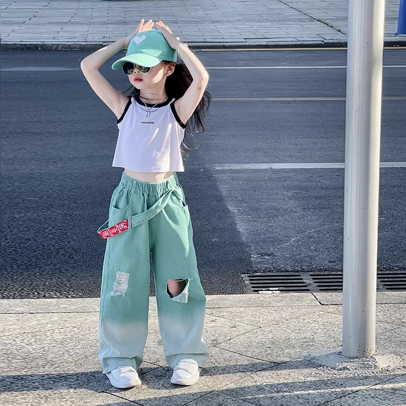 女童无袖t恤2025新款夏季女大童多巴胺穿搭夏装6儿童白色纯棉上衣