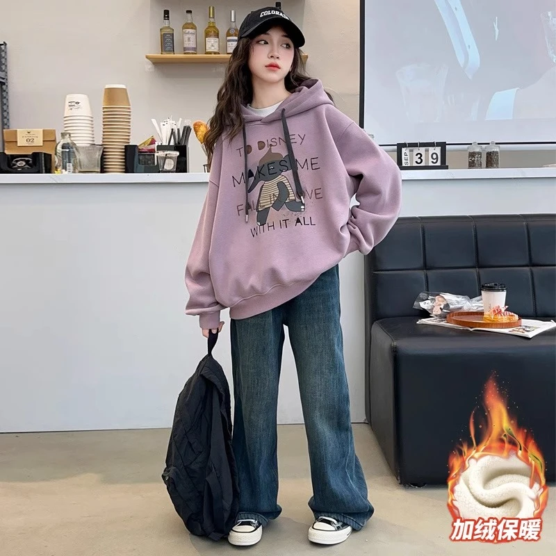 女童加绒卫衣秋冬2024新款洋气韩版女大童冬季上衣儿童加厚牛仔裤