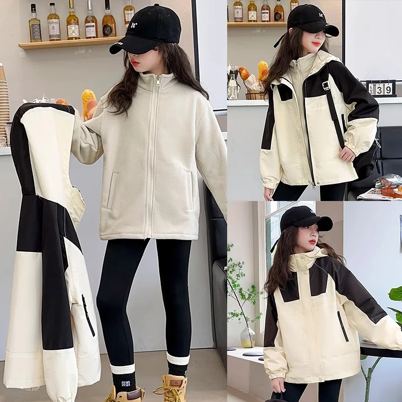 女童冲锋衣三合一可拆卸2024新款大童女孩户外防风衣儿童秋冬外套