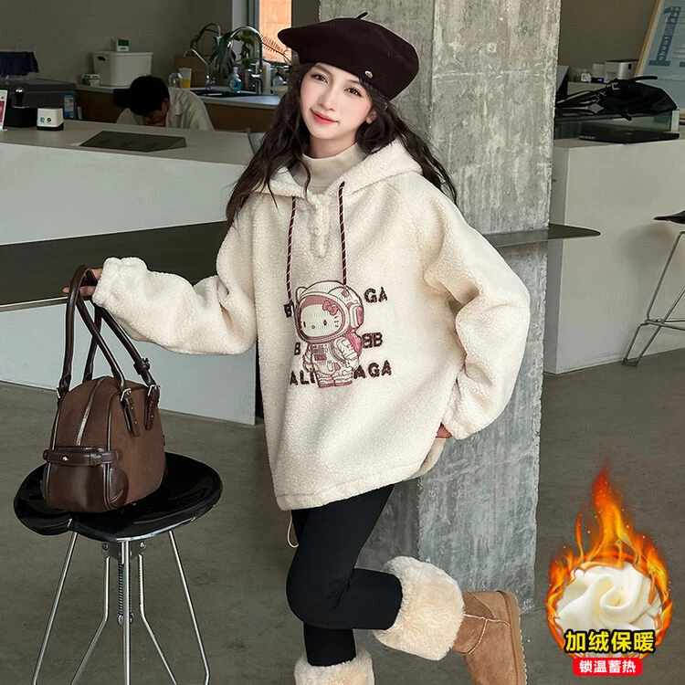 女童加绒连帽卫衣秋冬装女大童加厚外套11儿童13岁初中生毛毛衣潮