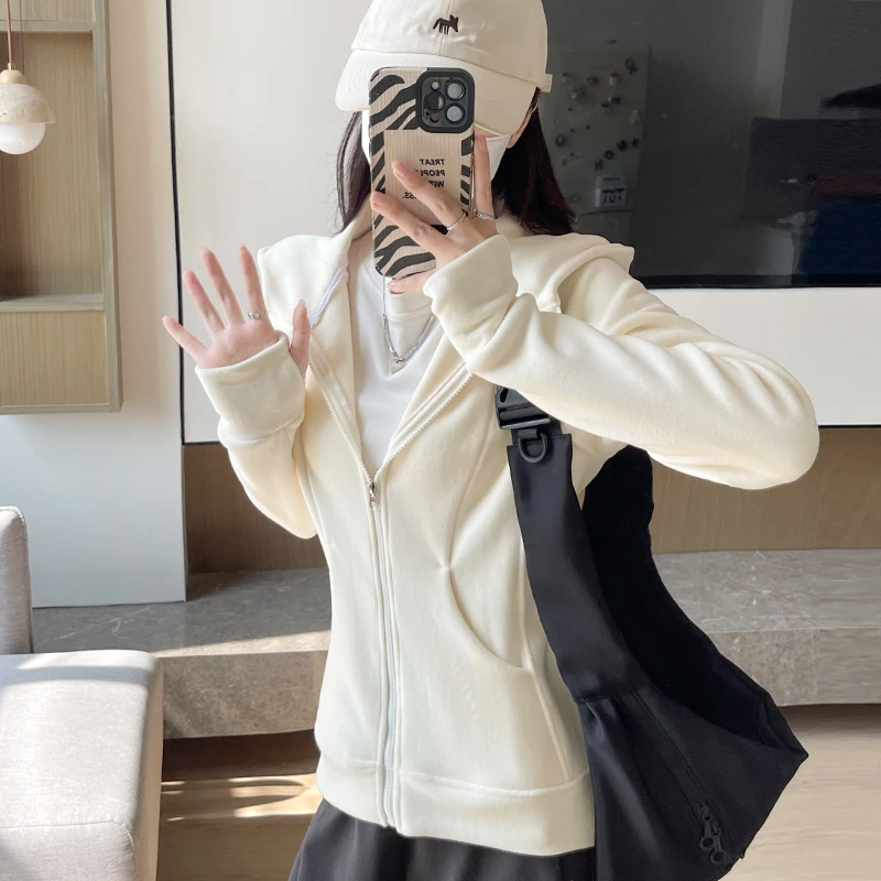 尹妃瑄秋冬连帽卫衣女加厚双面绒运动开衫美式摇粒绒拉链外套上衣