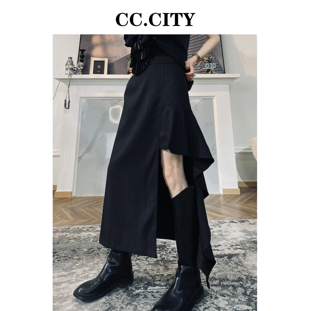 【蔡丽丽 & CC.city 】时尚不规则设计斜纹西装半身裙X6152