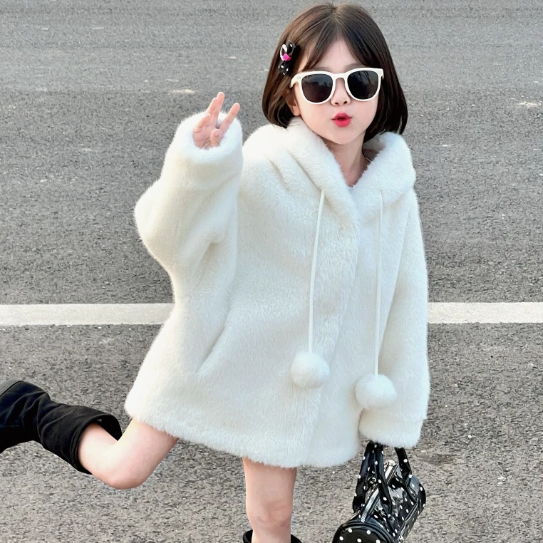 女童仿水貂绒皮草大衣2024新款秋冬季皮毛一体儿童洋气连帽毛外套