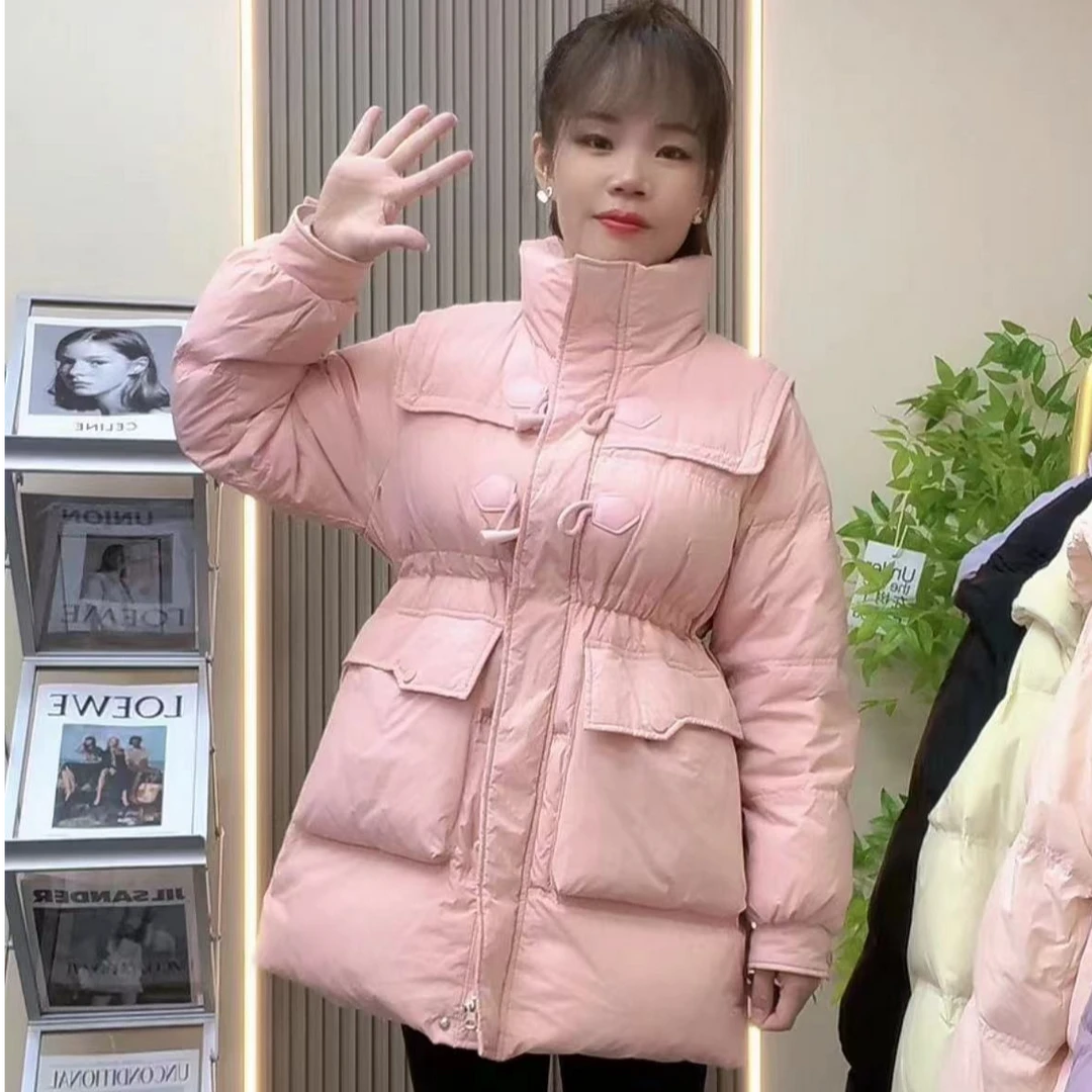 牛角扣羽绒服女中长款海军领韩版外套潮