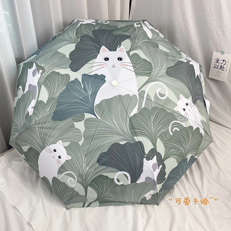 原创设计银杏猫咪可爱简约全自动雨伞晴雨两用黑胶折叠伞ins风女